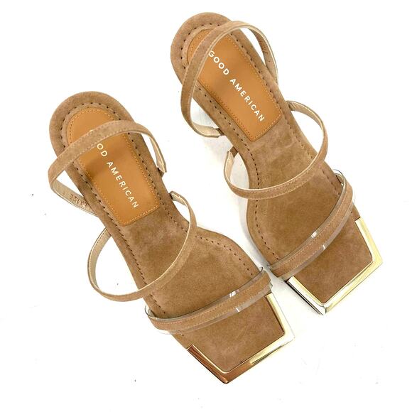 Good American Standout Square Open Toe Heels Suede Beige Size 7 NIB GA022S-E - Picture 2 of 8